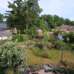 Gesamtansicht eines vielfältigen naturnah gestalteten Gartens mit Beeten, Gehölzen und Rasenwegen