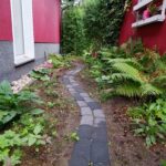 Neu angelegtes Schattenbeet im Sommer 2025 mit schmalem Weg und noch offenen Flächen zwischen den Pflanzen